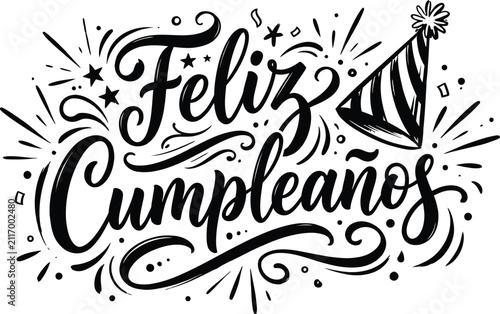 Photography Black and white hand lettered happy birthday greeting card design in spanish