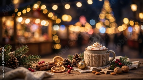 A steaming mug of hot chocolate with whipped cream at a festive Christmas market.