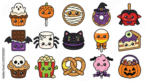 Set of kawaii style halloween treats and cute holiday icons with halloween