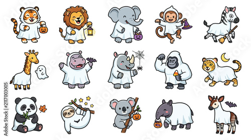 Cute cartoon safari animals in halloween ghost costumes set with halloween