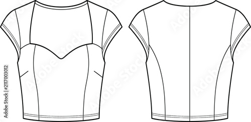 Foto Flat sketch technical drawing of a stylish sweetheart neckline crop top front an