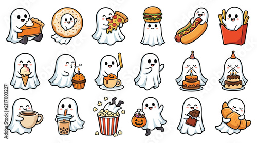 Cute cartoon ghost character food set icons with character halloween fastfood