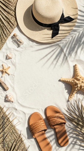 Beach Vacation Scene with Hat Shoes and Shells.