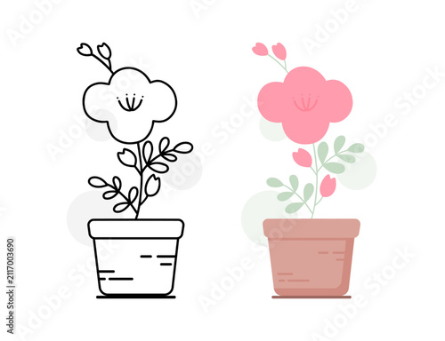 Cute Round Blossom with Herb Branch in Pot Line Art and Flat Style Set