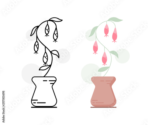 Fuchsia Hanging Flower in Vase Line Art and Flat Style Set