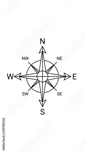 Simple Black and White Compass Rose Illustration for Navigation and Directional Design.