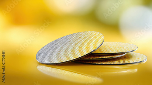 Semiconductor wafers stacked on reflective surface showing detailed packaging texture and metallic finish in bright yellow environment