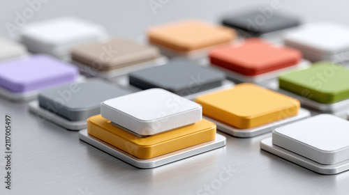 Semiconductor packaging with colorful stacked square chips arranged metallic surface showing modern technology and innovation electronics design