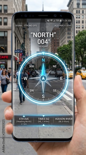 Smartphone with Augmented Reality Compass in Urban Cityscape.