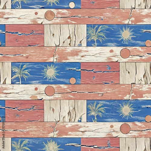 Retro distressed wooden planks surface with tropical palm leaf and sun print pattern, summer background concept