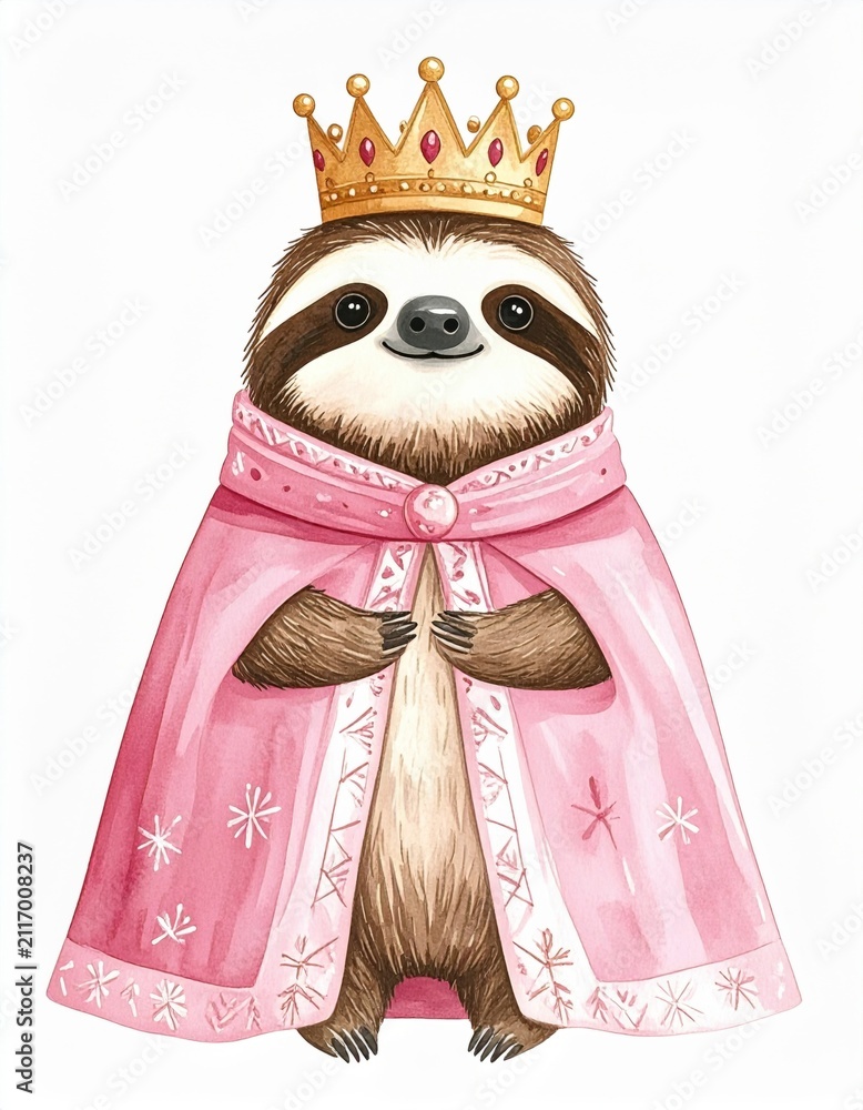 Fototapeta premium A cute sloth wearing a golden crown and a pink royal cape, standing proudly with a charming smile.