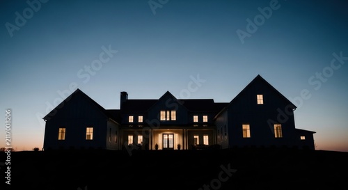 Illuminated Mansion Silhouette Against Twilight Sky.
