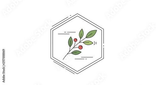 hexagon logo with green leaves and red berries