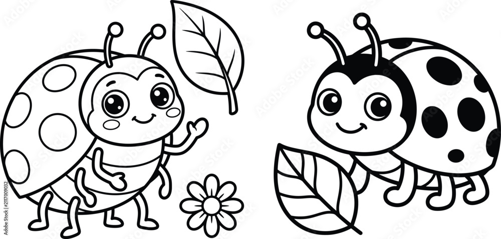 Fototapeta premium Cute ladybug coloring page for kids featuring two friendly beetles, green leaves, and a small flower outline rendering.