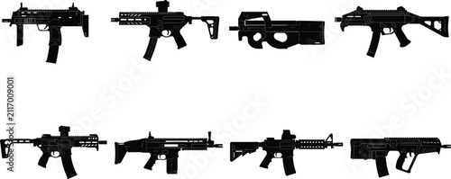 Obraz na plátně Collection of modern tactical assault rifles and submachine gun silhouettes isol