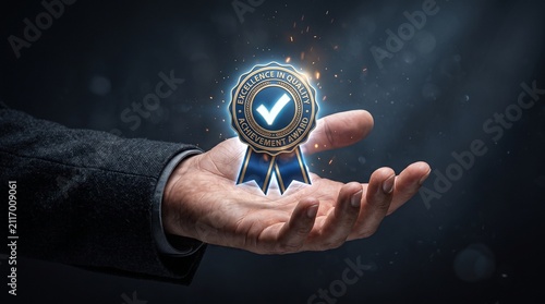 Award of Excellence: A hand presents a glowing emblem of quality and achievement, symbolizing trust, validation, and superior standards in a dark, atmospheric setting.
