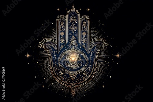Mystical Hamsa Hand with All-Seeing Eye Symbol on a Black Background, radiating spiritual energy and protection.