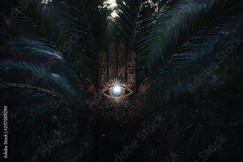 Mystical hand with an eye in the palm, surrounded by dark foliage, creating a mysterious atmosphere.