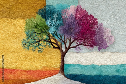 Colorful Tree of Life: A Textured Abstract Landscape with Vibrant Foliage and Earthy Tones