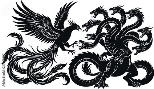 Obraz na plátne Black silhouette vector illustration of a mythical phoenix bird fighting a multi