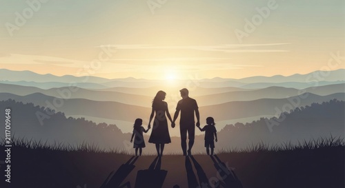 Silhouette of a Family Walking Towards a Majestic Sunset Over Mountains.