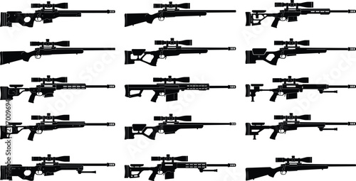 фотографія Set of black sniper rifle silhouettes with scopes isolated on a white background