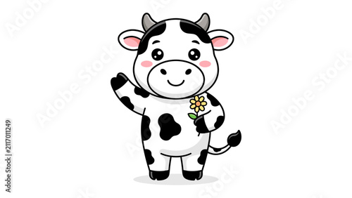 Fotografie Cute cartoon cow holding a flower, waving hello