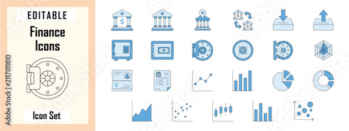 Blue bank and security vault icon set for fintech app UI, safe deposit box vector, financial security dashboard, corporate banking transactions, stock market charts, and data visualization elements