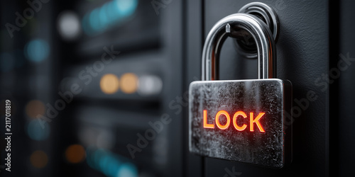 Close up of a locked padlock on a server rack signifying cybersecurity and protection against data breaches in an enterprise environment