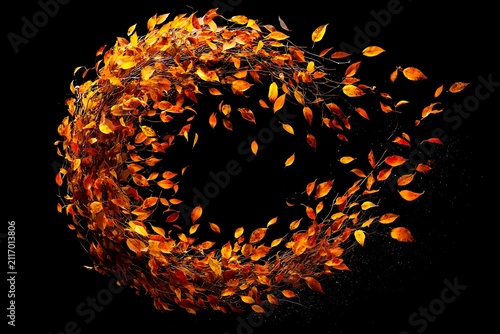 Autumnal vortex of leaves swirling in a dynamic motion against a stark black background, creating a captivating and artistic composition.
