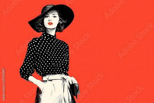 Elegant woman in polka dot blouse and hat against a vibrant red backdrop, exuding vintage charm
