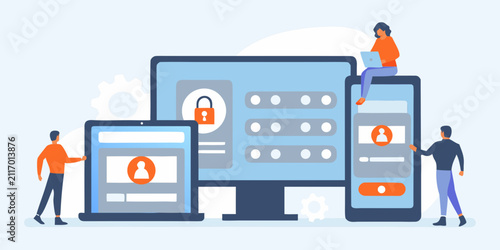 cross device user authentication vector illustration cross device devices login security interface people interaction technology digital access password computer tablet smartphone web app network