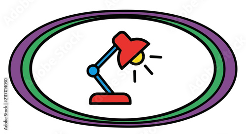 Glowing Desk Lamp Icon with Colorful Rings, Simple Vector Illustration