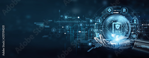 Obraz na plátne Robot hand legally hold POLICY frameworks to govern global corporate conduct