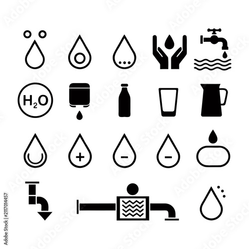 Water line icon set Rain drops  glass H2O molecule  purification filter pure aqua outline vector illustration