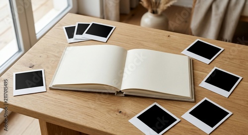 Open blank notebook with empty instant film frames on a wooden table