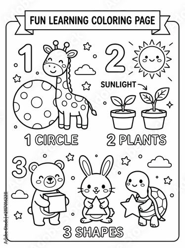 Educational coloring page featuring adorable animals, shapes, and plants for kids to learn numbers, sunlight, and basic geometry in a fun, engaging way