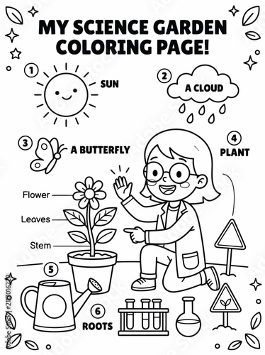 Educational coloring page featuring a cheerful girl tending to a plant, sun, cloud, butterfly, and roots with labeled parts for kids' science learning activity