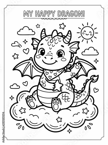 Adorable cartoon baby dragon sitting on a fluffy cloud with stars, hearts, and a smiling sun, perfect for coloring pages and kids fantasy illustrations