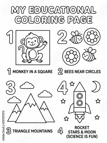 Educational coloring page featuring fun shapes, animals, and space themes for kids to learn and color