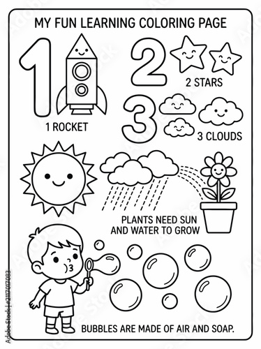 Educational coloring page for kids featuring rockets, stars, clouds, plants, bubbles, and basic science facts to enhance learning through creativity