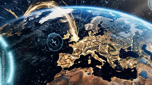 Earth from space with bright light burst.