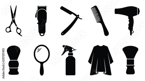 Barber shop icon set with 10 black silhouettes, professional hairdressing equipment icons, hair salon tools vector collection for branding