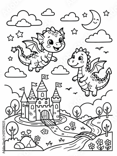Adorable cartoon baby dragons flying over a whimsical castle with a winding path, colorful flowers, and a starry night sky, perfect for coloring pages and children's fantasy illustrations