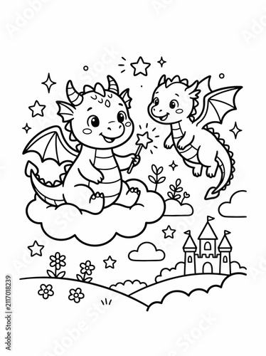Adorable cartoon baby dragons sitting on clouds with magical stars and a fairy-tale castle in the background, perfect for coloring pages and children's fantasy illustrations
