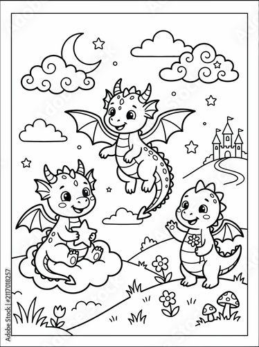 Adorable cartoon baby dragons with wings flying and playing around a magical castle in a whimsical fantasy scene, perfect for coloring and kids' illustrations