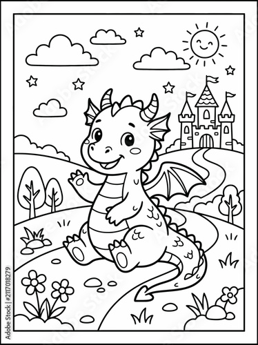 Adorable cartoon baby dragon sitting on grass waving happily with a whimsical castle and sunny sky in a detailed coloring page design