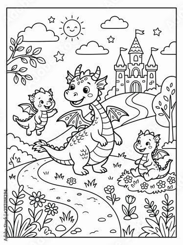 Adorable cartoon baby dragons playing happily in a whimsical fantasy landscape with a castle, perfect for coloring books and children's illustrations
