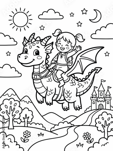 A cheerful child riding a friendly, colorful dragon through a whimsical fantasy landscape with a castle, stars, and a smiling sun in the background, perfect for coloring books and kids' illustrations.