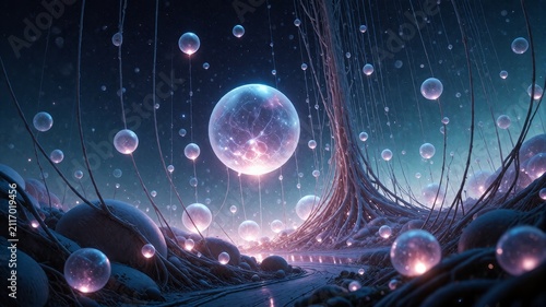 Bioluminescent Spheres in Surreal Alien Landscape